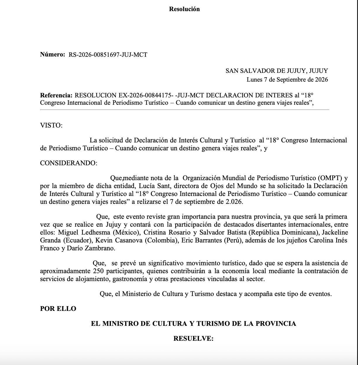 Jujuy declaró de Interés Cultural y Turístico al 18° Congreso Internacional de Periodismo Turístico - Ojos del Mundo